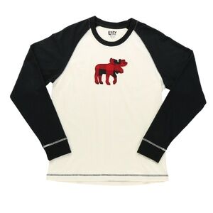 🌻Lazy One Moose Long Sleeve Cream Black Buffalo Check Pajama Lounge Top Size XL